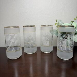 Vintage Libbey Greek Key Frosted Highball Glasses Gold Rim MCM Set of 4